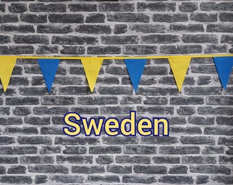 10ft - 50ft Lengths Handmade Football Team Colours Fabric Bunting - Sweden - Single Ply - Pinked Edges - Blue + Yellow Flags - Gold Bias