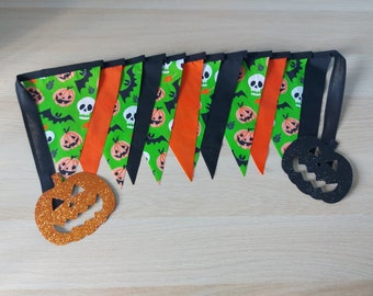 10ft HANDMADE Fabric Halloween Bunting - Single Ply -Fun Spooky Bats Pumpkins Skulls - Party Garden Home Decoration Black Green Orange