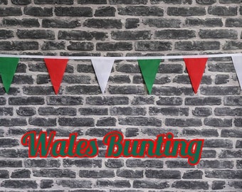 10ft - 50ft Lengths Handmade Football Team Colours Fabric Bunting - Wales - Single Ply - Pinked Edges - Red, White + Green  Flags