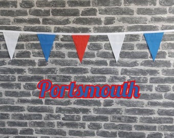 10ft - 50ft Lengths Handmade Football Team Colours Fabric Bunting - Portsmouth - Single Ply - Blue, Red & White Flags - White Bias Tape