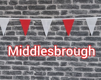 10ft - 50ft Lengths Handmade Football Team Colours Fabric Bunting - Middlesbrough - Single Ply - Red & White Flags - White Bias Tape