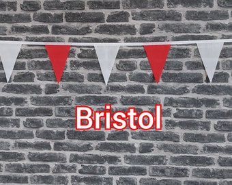 10ft - 50ft Lengths Handmade Football Team Colours Fabric Bunting - Bristol City - Single Ply - Red & White Flags - White Bias Tape