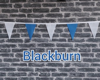 10ft - 50ft Lengths Handmade Football Team Colours Fabric Bunting - Blackburn Rovers - Single Ply - Blue + White Flags - White Bias Tape