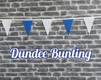 10ft Handmade Football Team Colours Fabric Bunting - Dundee - Single Ply - Pinked Edges - Blue + White Flags - White Bias Tape