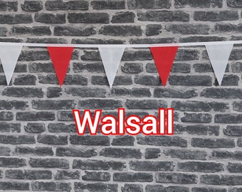 10ft Handmade Football Team Colours Fabric Bunting - Walsall - Single Ply - Pinked Edges - Red & White Flags - White Bias Tape