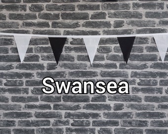 10ft - 50ft Lengths Handmade Football Team Colours Fabric Bunting - Swansea City - Single Ply -  Black & White Flags - White Bias Tape