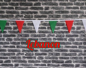 10ft - 50ft Lengths Handmade Fabric Bunting Football Sport Country Decoration - Lebanon - Single Ply - Pinked Edge - Red, Green & White Flag