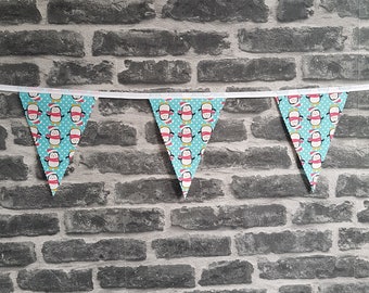 12ft HANDMADE Fabric Christmas Bunting - Single Ply - Pinked Edges - Blue Pink Black White - White Bias Tape - Penguin Festive Decoration