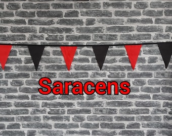 10ft Handmade Rugby Team Colours Fabric Bunting - Saracens - Single Ply - Pinked Edges - Black & Red Flags - Black Bias Tape