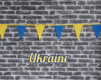 10ft - 50ft Lengths Handmade Football Team Colours Fabric Bunting - Ukraine - Single Ply - Pinked Edges - Blue + Yellow Flags - Gold Bias