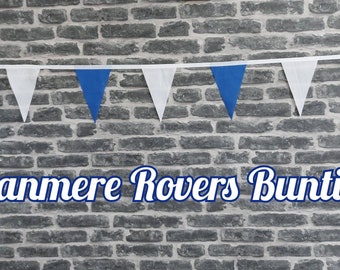 10ft Handmade Football Team Colours Fabric Bunting - Trenmere Rovers - Single Ply - Pinked Edges - Blue + White Flags - White Bias Tape
