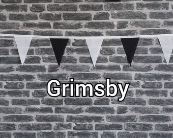 10ft Handmade Football Team Colours Fabric Bunting - Grimsby Town - Single Ply - Pinked Edges - Black & White Flags - White Bias Tape