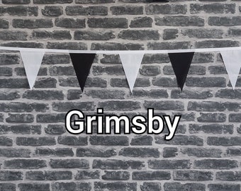 10ft Handmade Football Team Colours Fabric Bunting - Grimsby Town - Single Ply - Pinked Edges - Black & White Flags - White Bias Tape