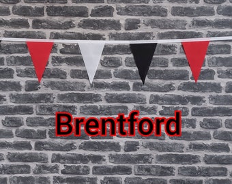 10ft - 50ft Lengths Handmade Football Team Colours Fabric Bunting - Brentford - Single Ply -  Black, Red & White Flags - White Bias Tape