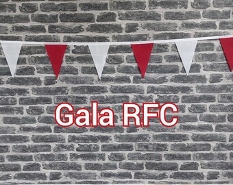 10ft Handmade Rugby Team Colours Fabric Bunting - Gala RFC - Single Ply - Pinked Edges - Burgundy + White Flags - White Bias