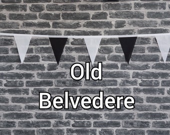 10ft Handmade Rugby Team Colours Fabric Bunting - Old Belvedere RFC- Single Ply - Pinked Edges - Black & White Flags - White Bias Tape