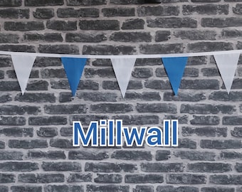 10ft - 50ft Lengths Handmade Football Team Colours Fabric Bunting - Millwall - Single Ply - Blue + White Flags - White Bias Tape