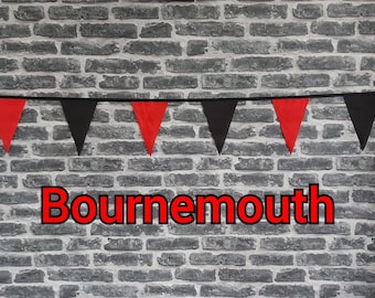 10ft - 50ft Lengths Handmade Football Team Colours Fabric Bunting - Bournemouth - Single Ply - Black & Red Flags - Black Bias Tape