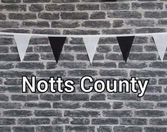 10ft Handmade Football Team Colours Fabric Bunting - Notts County - Single Ply - Pinked Edges - Black & White Flags - White Bias Tape