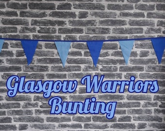 10ft Handmade Rugby Team Colours Fabric - University Glasgow Warriors - Single Ply - Pinked Edges - Light + Dark Blue Flags - Blue Bias Tape