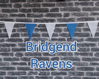 10ft Handmade Rugby Team Colours Fabric Bunting - Bridgend Ravens - Single Ply - Pinked Edges - Blue + White Flags - White Bias Tape