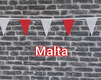 10ft Handmade Fabric Bunting Football Sports Country Decoration - Malta - Single Ply - Pinked Edges - Red & White Flags