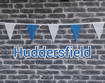 10ft - 50ft Lengths Handmade Football Team Colours Fabric Bunting - Huddersfield Town - Single Ply - Blue + White Flags - White Bias Tape