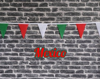 10ft - 50ft Lengths Handmade Fabric Bunting Football Sports Country Decoration - Mexico - Single Ply - Pinked Edge - Red, Green & White Flag