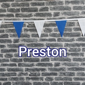 10ft - 50ft Lengths Handmade Football Team Colours Fabric Bunting - Preston North End - Single Ply -  Blue + White Flags - White Bias Tape
