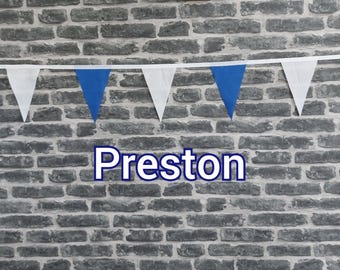 10ft - 50ft Lengths Handmade Football Team Colours Fabric Bunting - Preston North End - Single Ply -  Blue + White Flags - White Bias Tape