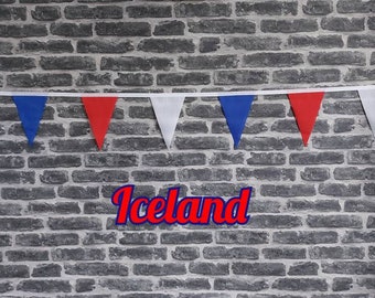 10ft - 50ft Lengths Handmade Fabric Bunting Football Sports Country Decoration - Iceland - Single Ply - Pinked Edge - Red, White & Blue Flag