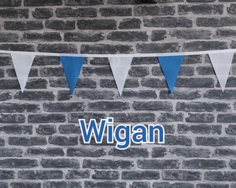 10ft - 50ft Lengths Handmade Football Team Colours Fabric Bunting - Wigan Athletic - Single Ply - Blue + White Flags - White Bias Tape