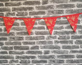 6ft HANDMADE Fabric Christmas Bunting - Single Ply - Pinked Edges - Red Gold - Red Bias Tape - Christmas Tree Festive Decoration