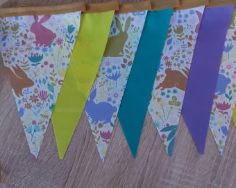 SALE 10ft HANDMADE Fabric Easter Bunnies in Spring Fields  - Single Ply - Spring Colours Sunshine Teal Violet - Antique Gold Bias Tape