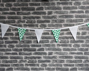 10ft HANDMADE Fabric St Patricks Day Bunting - Single Ply - Pinked Edges - Green White Gold Tri Colours - White Bias Tape - Irish Clover