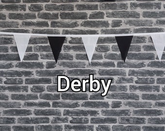 10ft - 50ft Lengths Handmade Football Team Colours Fabric Bunting - Derby County - Single Ply - Black & White Flags - White Bias Tape