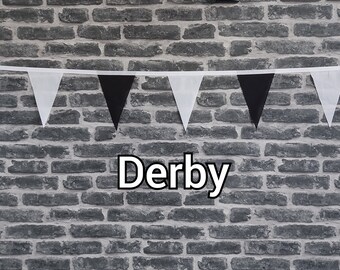 10ft - 50ft Lengths Handmade Football Team Colours Fabric Bunting - Derby County - Single Ply - Black & White Flags - White Bias Tape