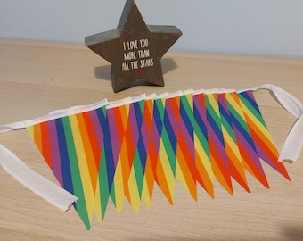 10ft HANDMADE Fabric St Valentine's Day Bunting LGBTQ Pride One Love - Single Ply - Rainbow Colours - White Bias Tape