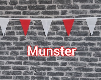 10ft Handmade Rugby Team Colours Fabric Bunting - Munster Rugby - Single Ply - Pinked Edges - Red & White Flags - White Bias Tape