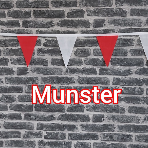 10ft Handmade Rugby Team Colours Fabric Bunting - Munster Rugby - Single Ply - Pinked Edges - Red & White Flags - White Bias Tape