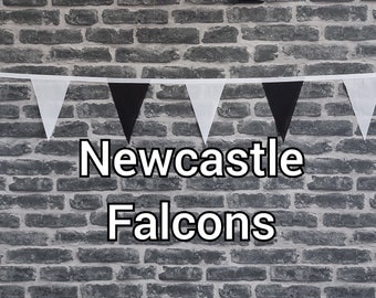10ft Handmade Rugby Team Colours Fabric Bunting - Newcastle Falcons - Single Ply - Pinked Edges - Black & White Flags - White Bias Tape