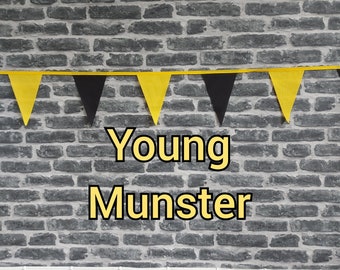 10ft Handmade Rugby Team Colours Fabric - Young Munster - Single Ply - Pinked Edges - Black & Yellow Flags - Gold Bias Tape