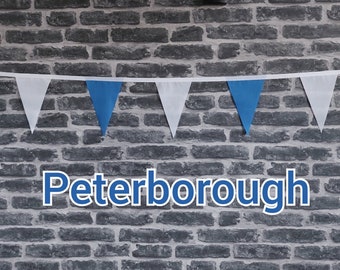 10ft - 50ft Lengths Handmade Football Team Colours Fabric Bunting - Peterborough United - Single Ply - Blue + White Flags - White Bias Tape