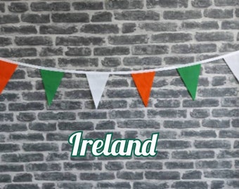 10ft - 50ft Lengths Handmade Fabric Bunting Football Sports Country Decoration - Ireland - Single Ply - Green, White & Gold (Orange) Flags