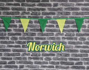 10ft - 50ft Lengths Handmade Football Team Colours Fabric Bunting - Norwich City - Single Ply - Green + Yellow Flags - Green Bias Tape