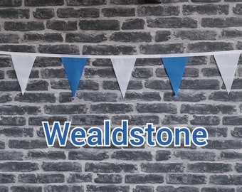 10ft Handmade Football Team Colours Fabric Bunting - Wealdstone - Single Ply - Pinked Edges - Blue + White Flags - White Bias Tape