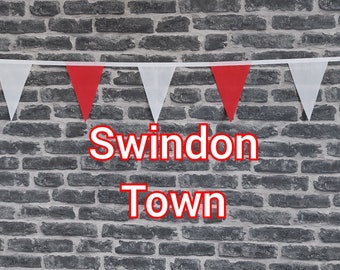 10ft Handmade Football Team Colours Fabric Bunting - Swindon Town - Single Ply - Pinked Edges - Red & White Flags - White Bias Tape