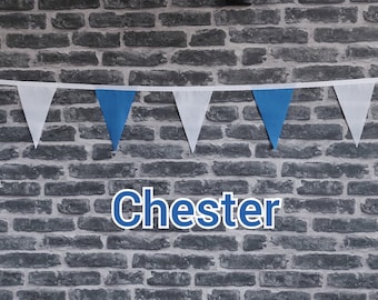 10ft Handmade Football Team Colours Fabric Bunting - Chester FC - Single Ply - Pinked Edges - Blue + White Flags - White Bias Tape