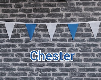 10ft Handmade Football Team Colours Fabric Bunting - Chester FC - Single Ply - Pinked Edges - Blue + White Flags - White Bias Tape