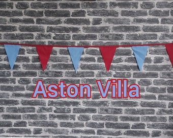 10ft - 50ft Lengths Handmade Football Team Colours Fabric Bunting - Aston Villa - Single Ply - Burgundy & Blue Flags - Burgundy Bias Tape